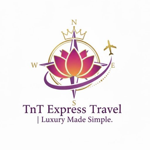 New brand logo. Red, orange, and purple colored flower with a compass in the background and a plane flying with a gold crown.